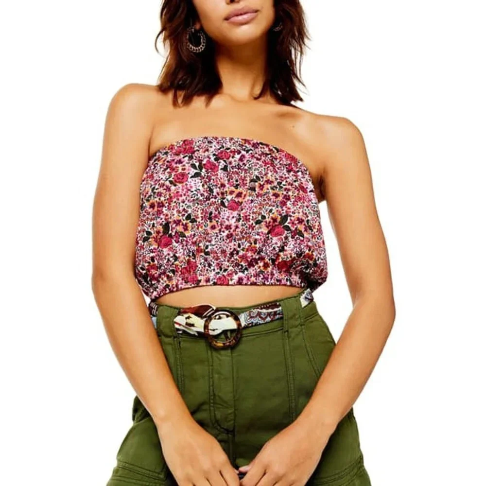 Topshop Womens Size 4 US Cotton Cropped Floral Print Bandeau Top Pink Multi 1711